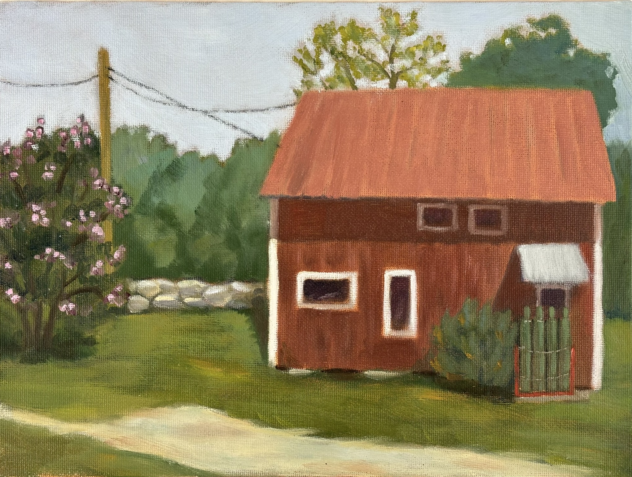 Brown shed with four windows, 12x9 inches, oil on board