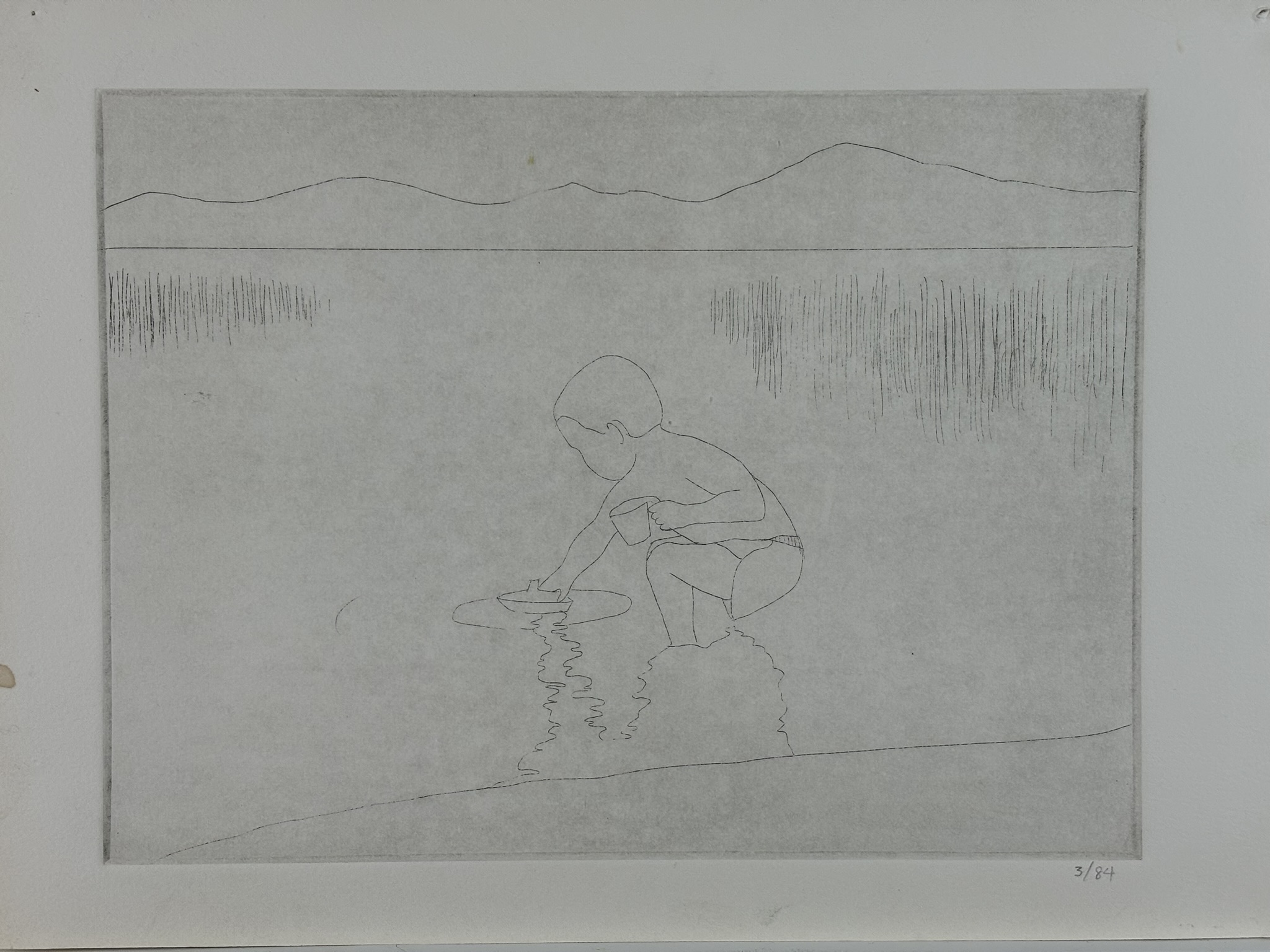 Child in the lake, 15x11 inches, metal etching on paper