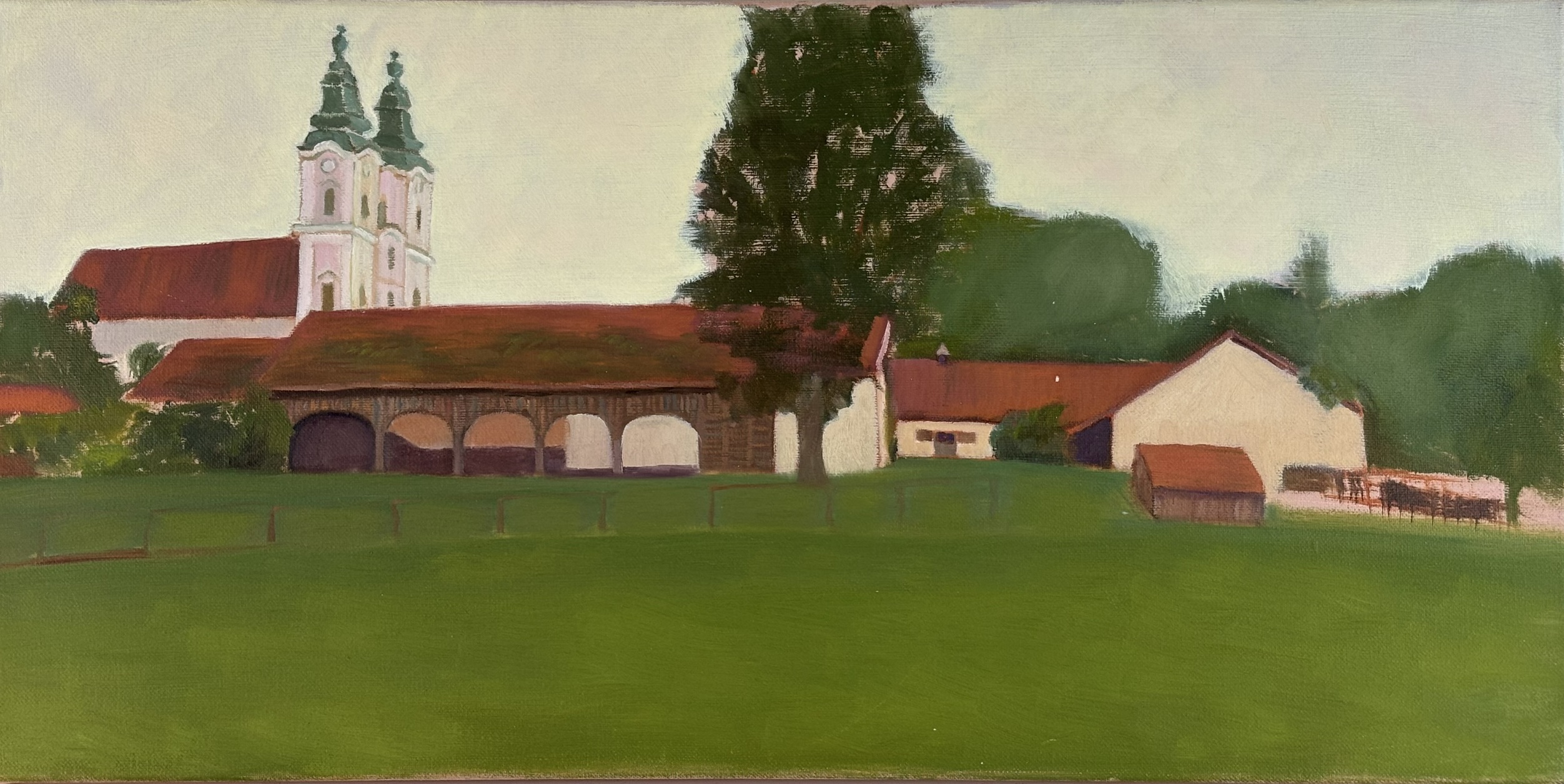 Church and hacienda, 20x10 inches, oil on canvas