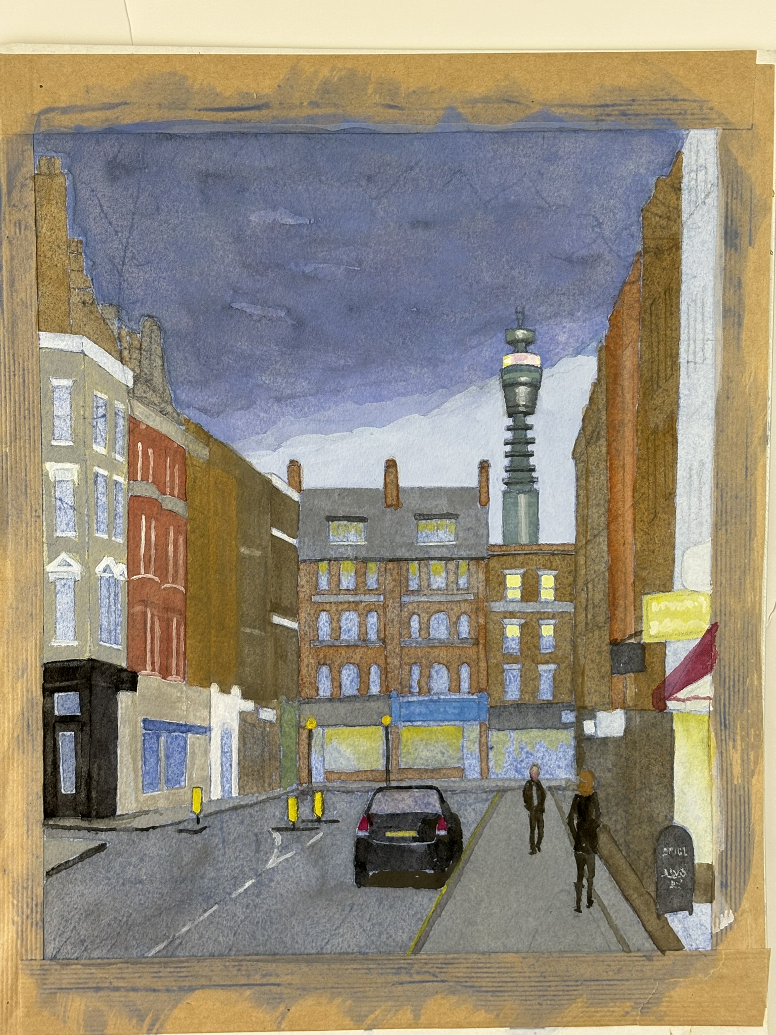 City landscape with figures in black, 10x8 inches, watercolor on paper