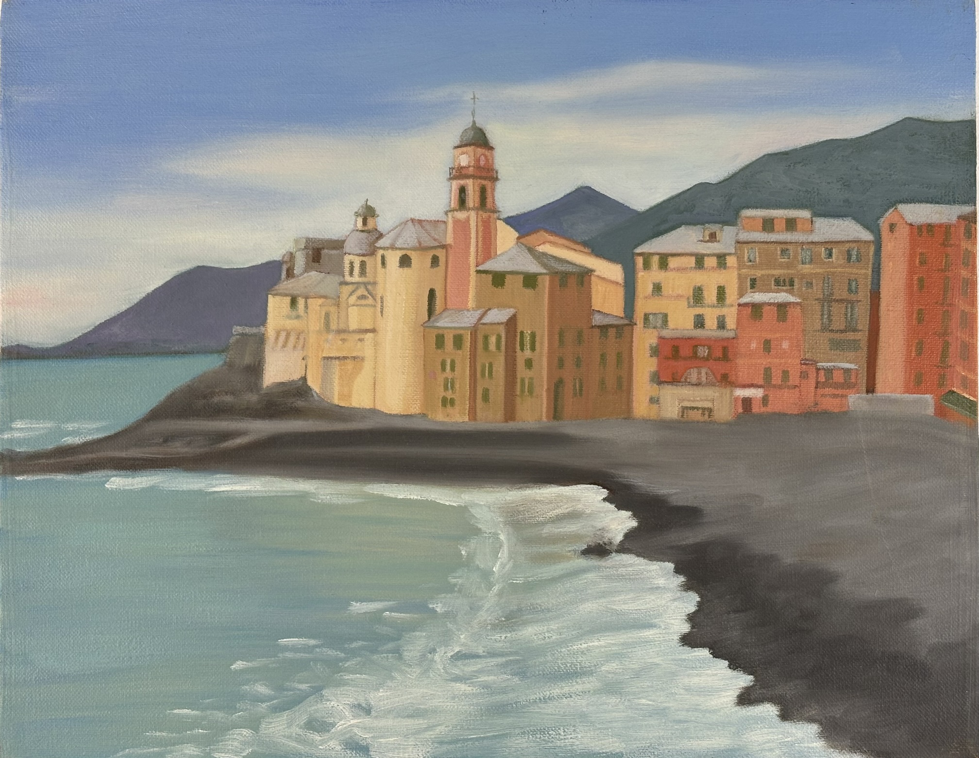 Coast view with buildings, 14x11 inches, oil on canvas
