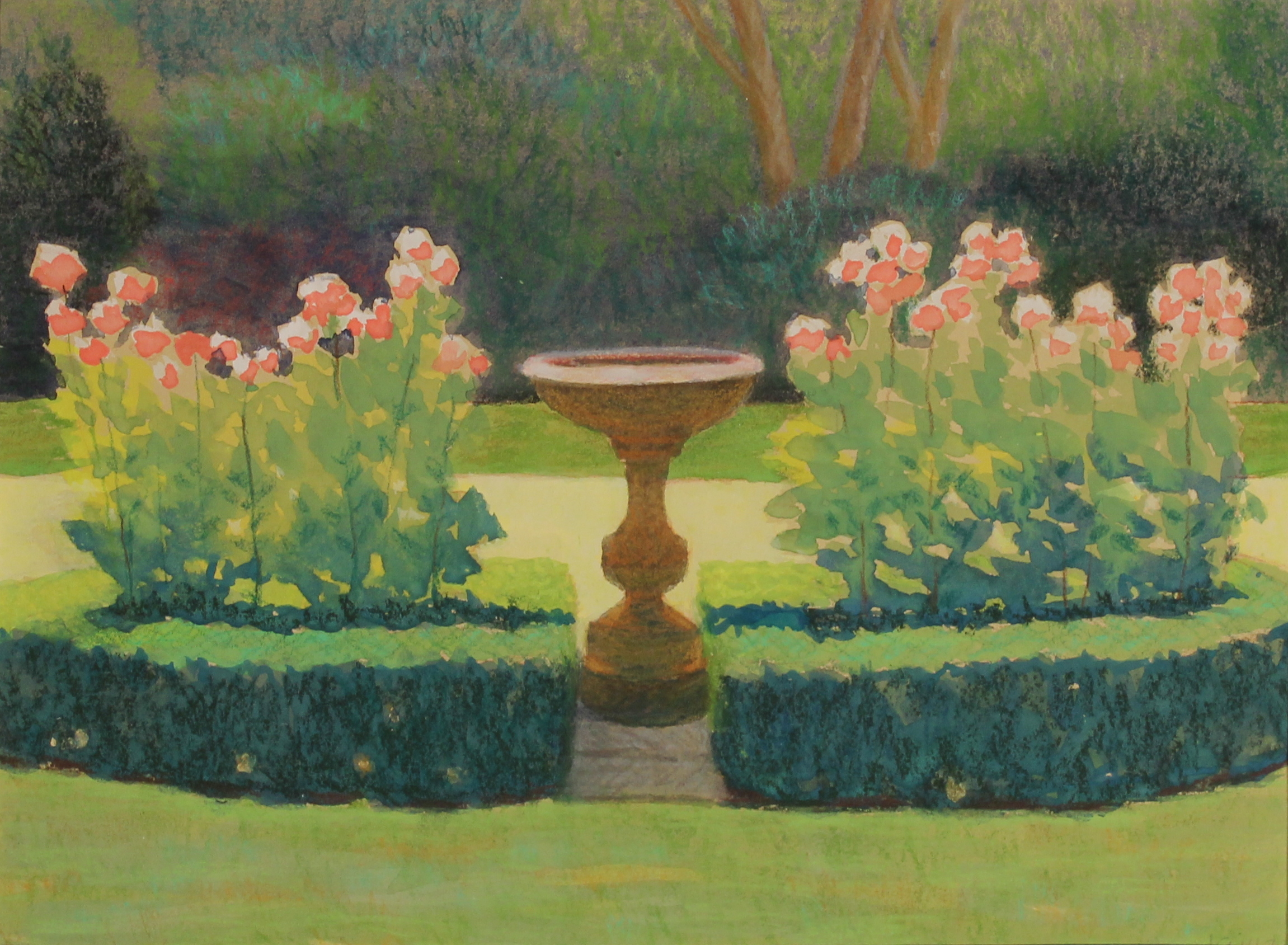 Fountain in the garden, 12x9 inches, gouache on paper
