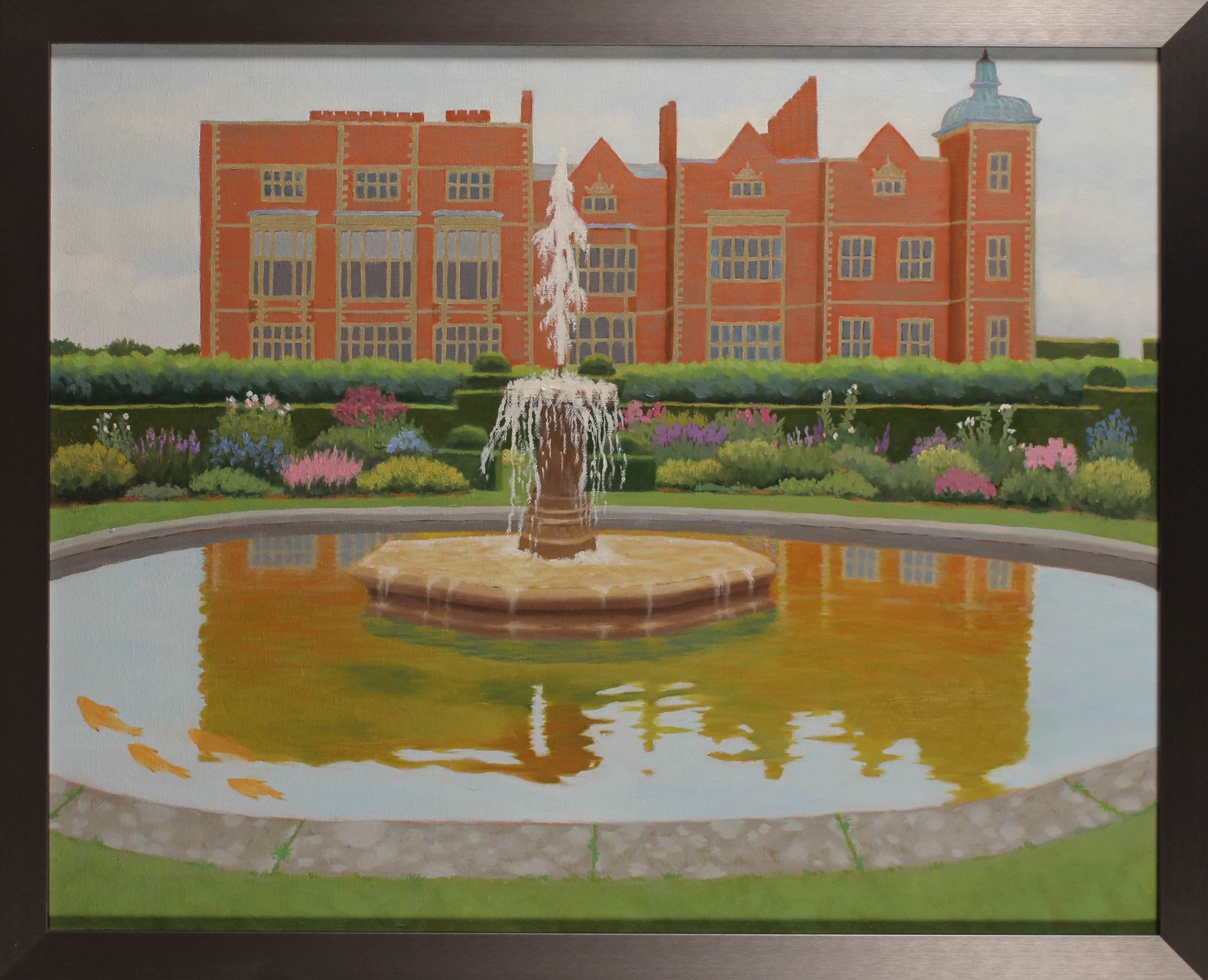 Fountain on front of a building, 20x16 inches, oil on canvas
