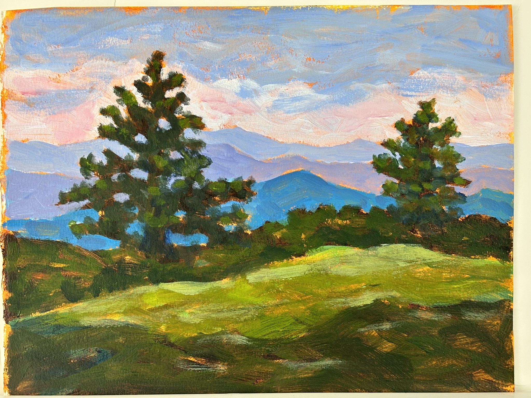 Landscape with two ever greens, 9.5x7.5 inches, oil on paper