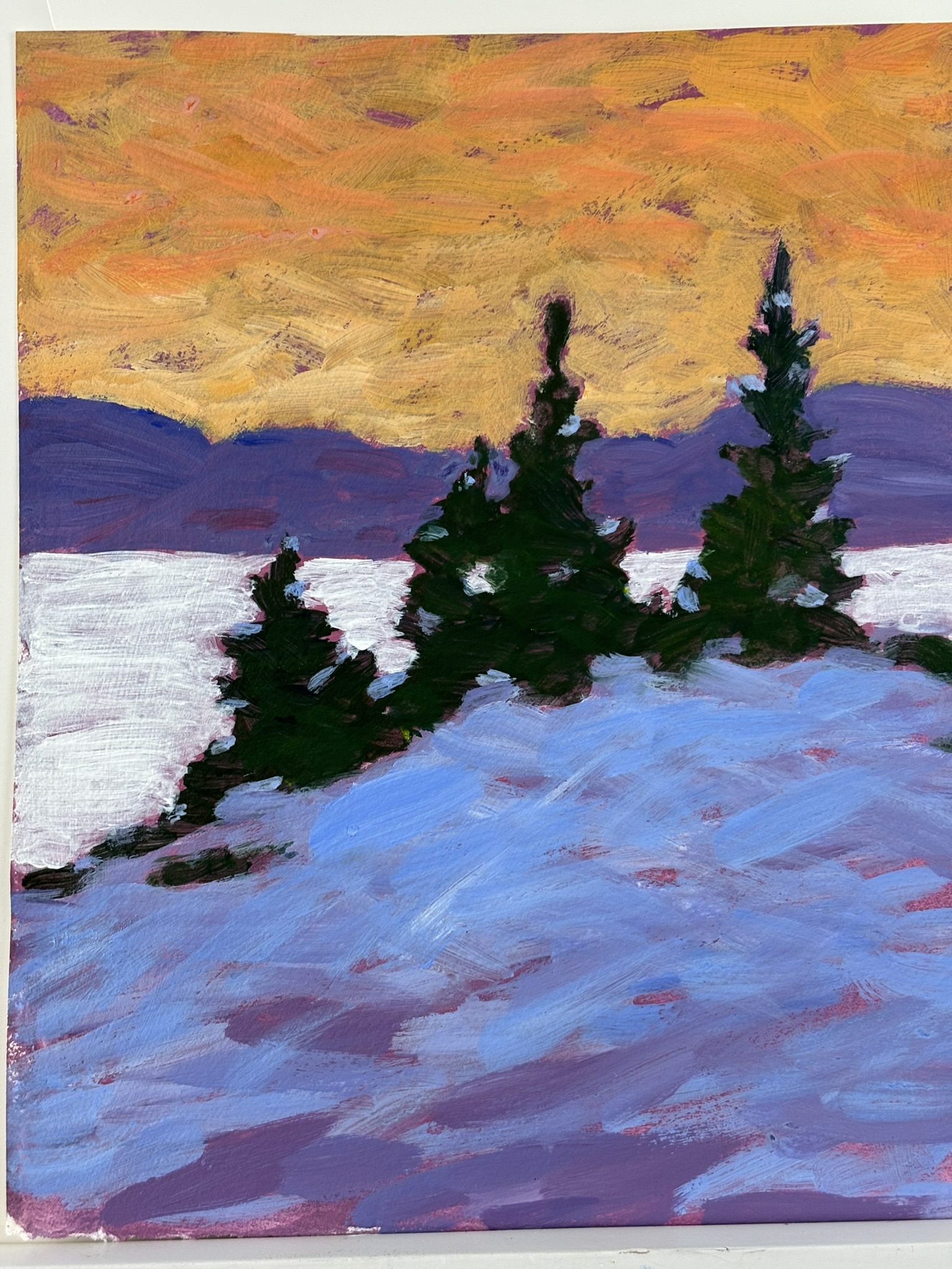 Landscape with three evergreens, 9x7 inches, oil on paper