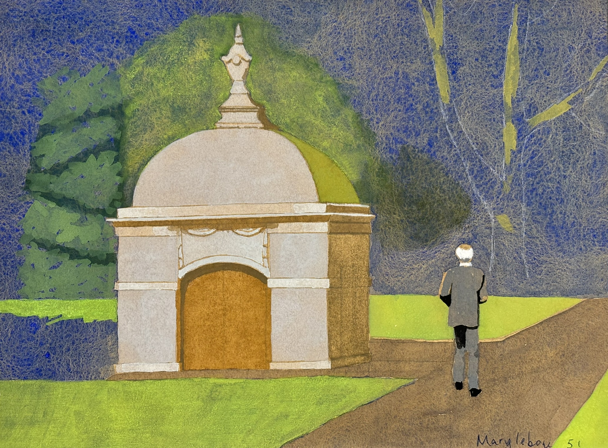 Man in front of a mausoleum, 11.5x8.5 inches, gouache on paper