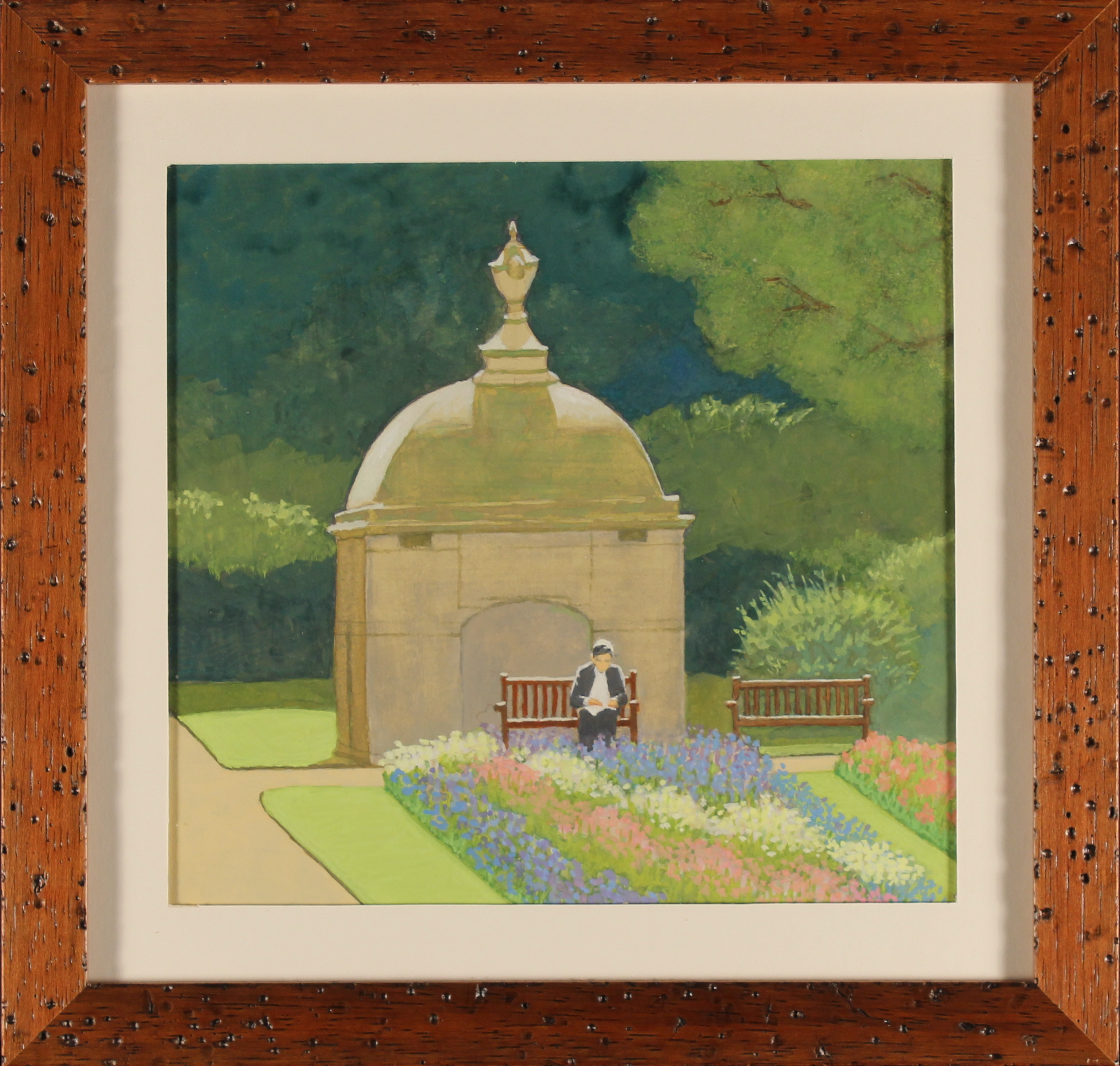 Newspaper reader at the park, 9x9 inches, gouache on paper