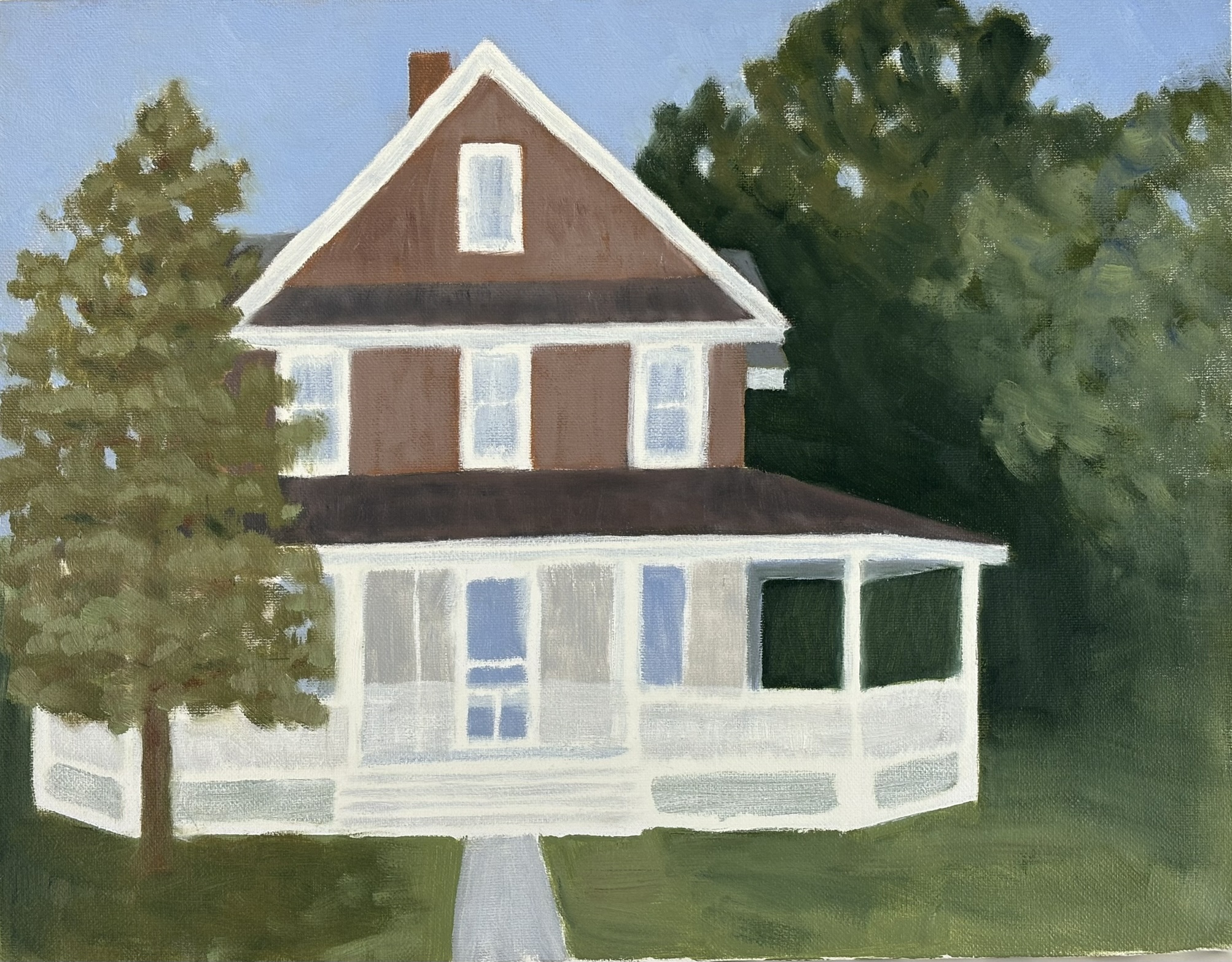 Pine tree in front of brown house, 14x11 inches, oil on canvas