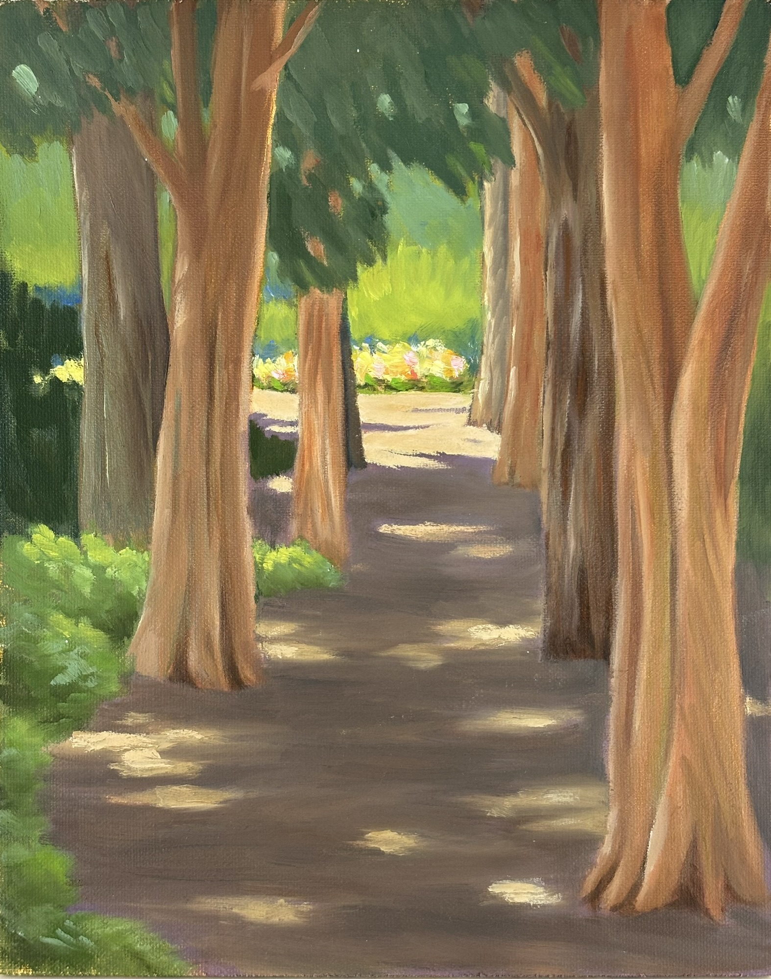 Shade path among trees, 10x8 inches, oil on panel