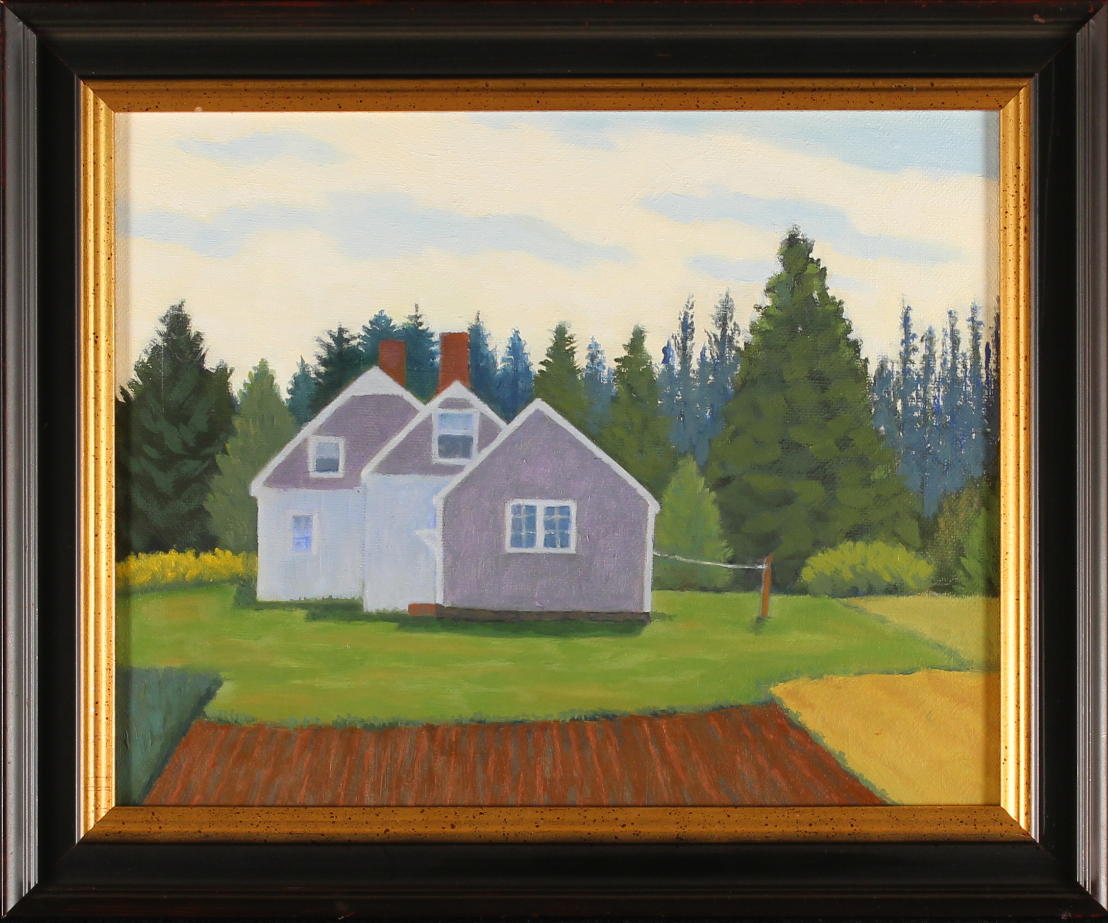 Three little buildings in the woods, 10x8 inches, oil on board