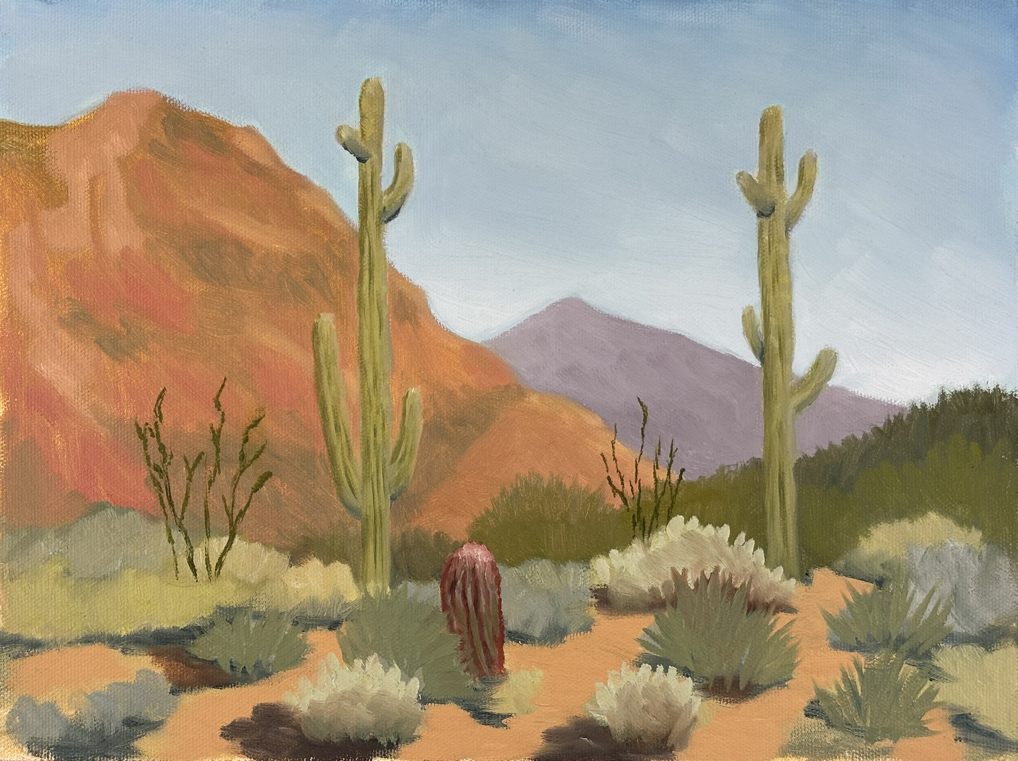 Two long cactuses, 12x9 inches, oil on canvas