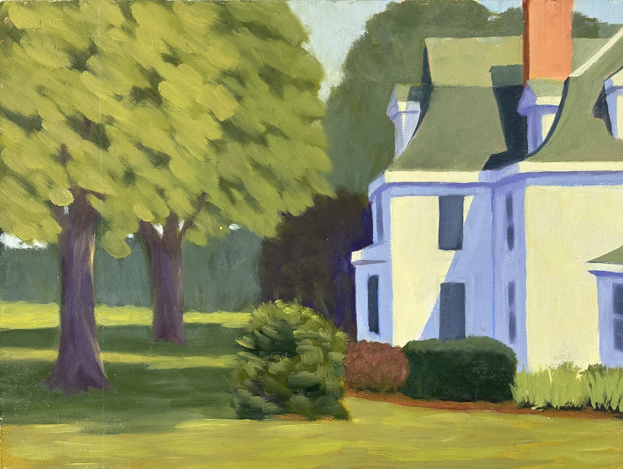 Two trees, bush and house, 12x9 inches, oil on board